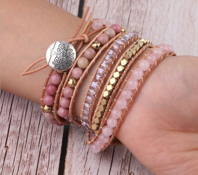 Rose Quartz Leather Wrap Bracelet - YUBA Spirit