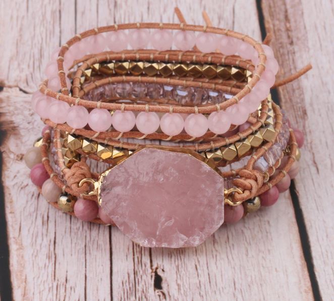 Rose Quartz Leather Wrap Bracelet - YUBA Spirit