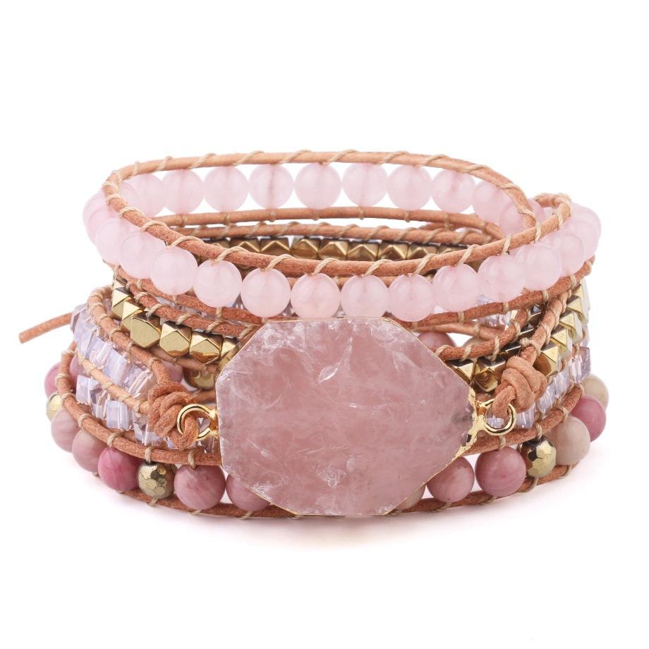 Rose Quartz Leather Wrap Bracelet - YUBA Spirit