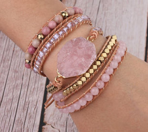 Rose Quartz Leather Wrap Bracelet - YUBA Spirit